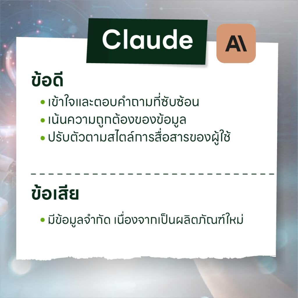 คุณสมบัติเด่นของ Claude AI เช่น ความแม่นยำในการประมวลผลภาษาไทยและความปลอดภัย